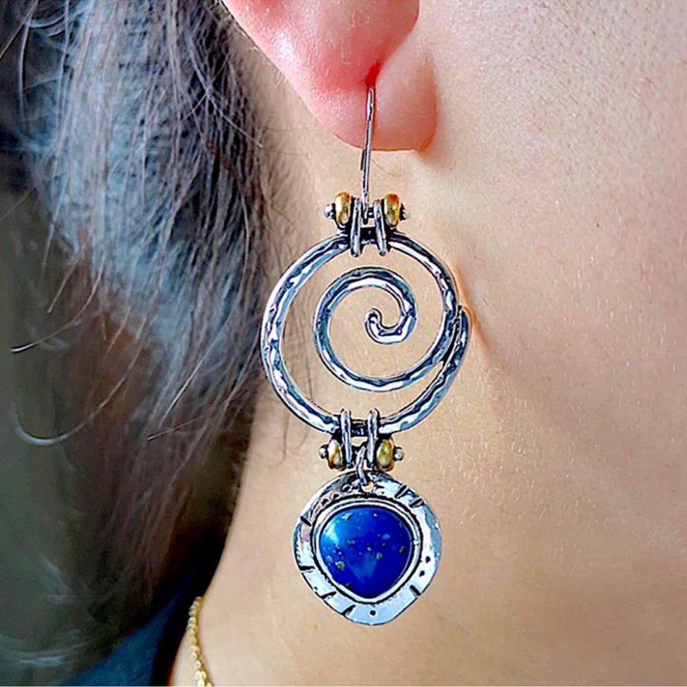 Vintage Silver Blue Lapis Spiral Boho Geometric Dangle Drop Earrings